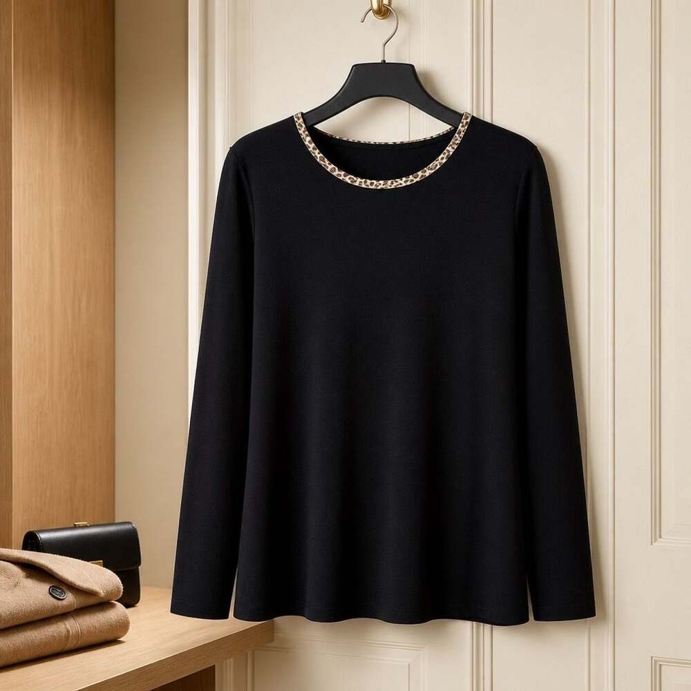 Lands' End Women's Black Long Sleeve Knit Top with Leopard Print Trim Detail